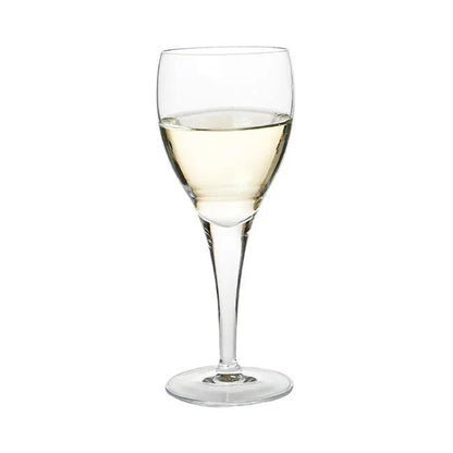 Set of six Luigi Bormioli white wine glasses, 190ml capacity, elegant glassware for serving white wine.
