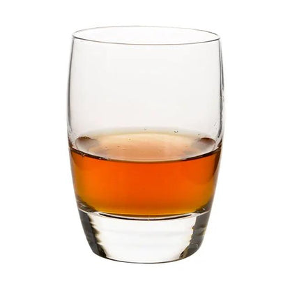 Set of six Luigi Bormioli whisky tumblers with 265ml capacity, clear glassware for enjoying spirits and cocktails.