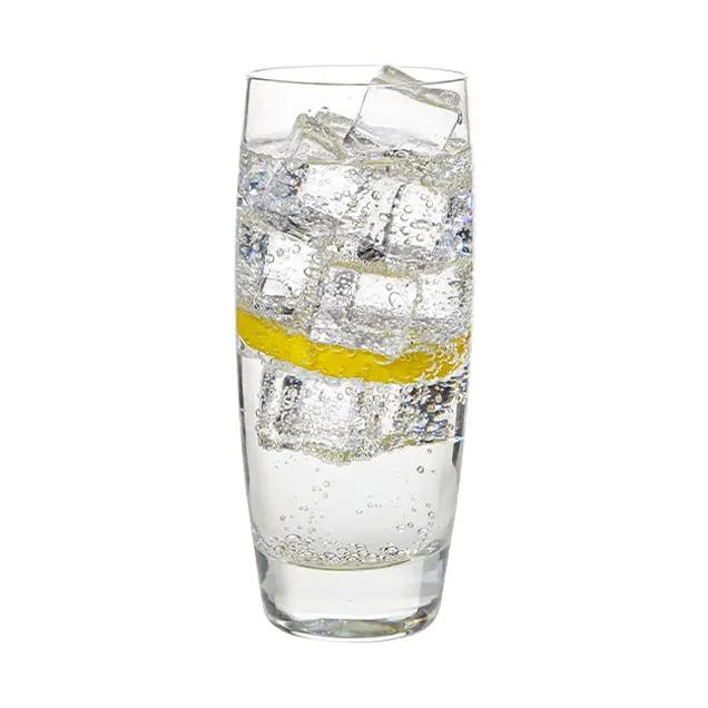Set of six Luigi Bormioli highball glasses, 310ml whisky tumblers with clear glass and smooth rim, perfect for enjoying drinks.