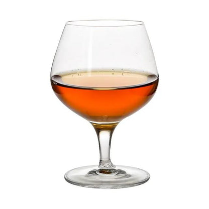 Set of six Luigi Bormioli brand whisky tumblers, 230ml brandy glasses with clear glass design from Glassware UK.