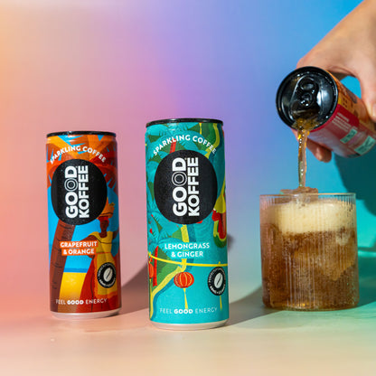 Assorted GOOD KOFFEE sparkling coffee cans in a 12-pack, featuring vibrant labels and a refreshing sparkling coffee beverage.
