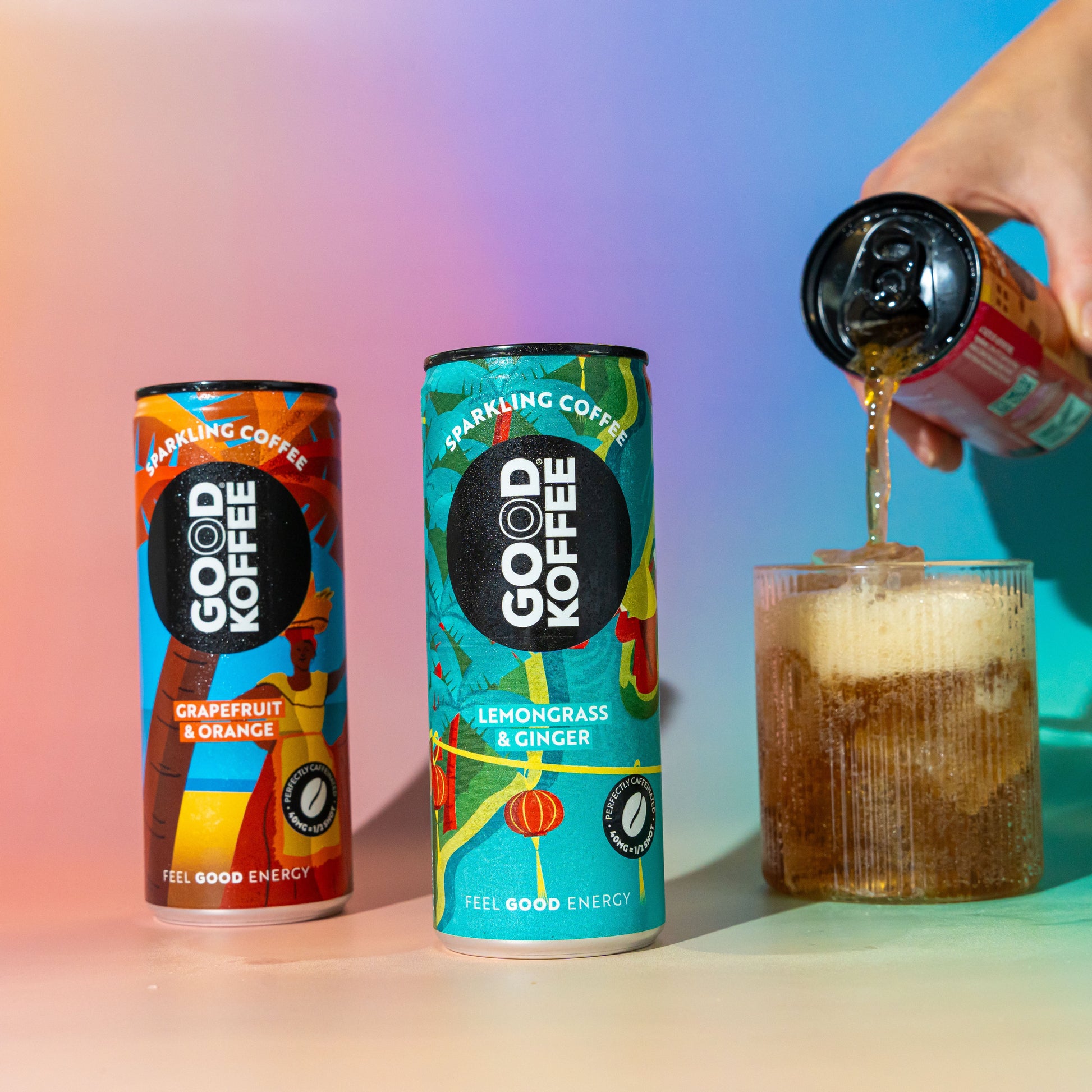 Assorted GOOD KOFFEE sparkling coffee cans in a 12-pack, featuring colorful labels and metallic finishes.