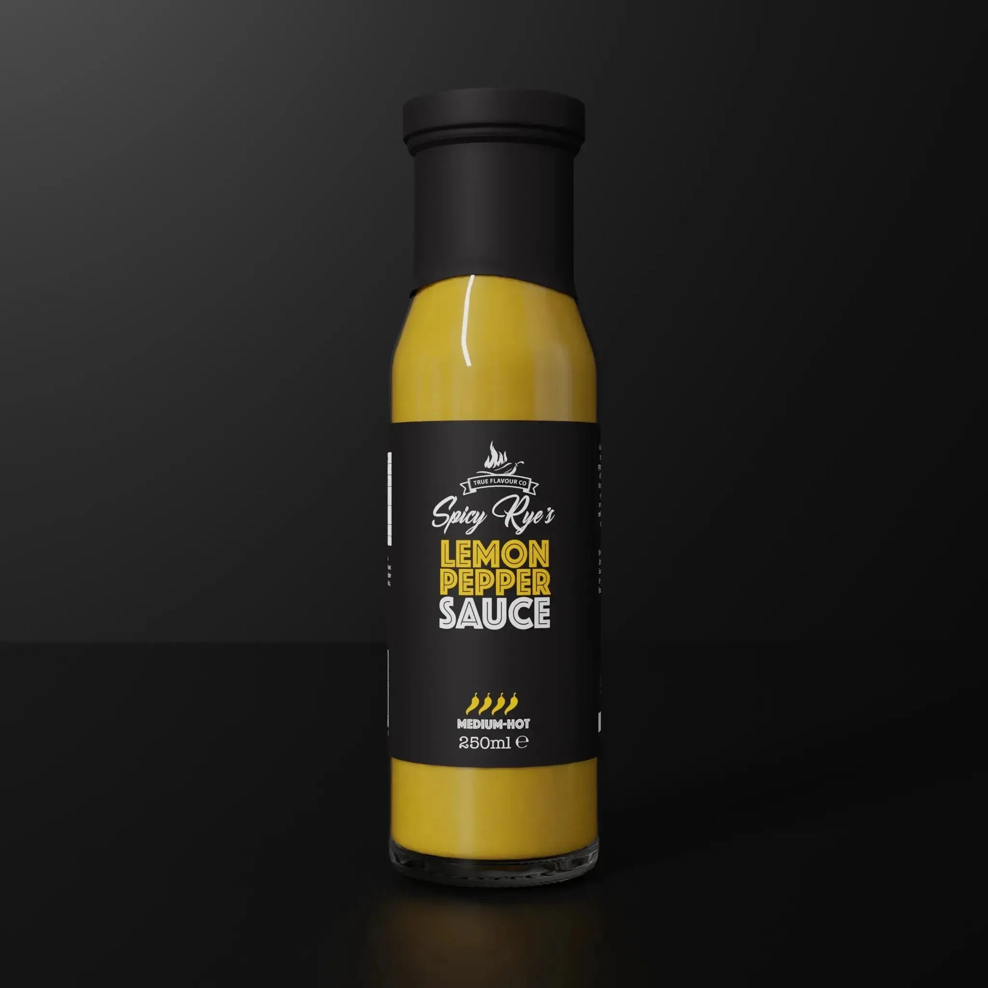 Spicy Ryes Lemon Pepper Hot Sauce bottle with lemon slices and black peppercorns on the label, showcasing the flavorful sauce.