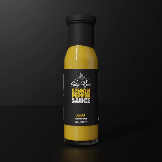 Spicy Ryes Lemon Pepper Hot Sauce bottle with lemon slices and black peppercorns on the label, showcasing the flavorful sauce.