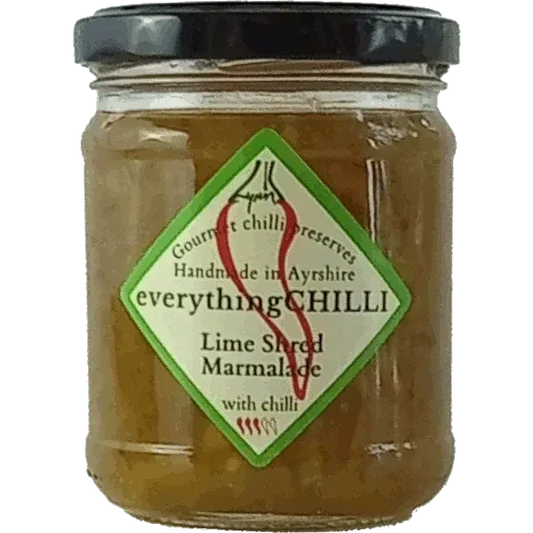 Lime Shred Marmalade by everythingCHILLI in a jar, showcasing vibrant green lime pieces and glossy citrus preserve