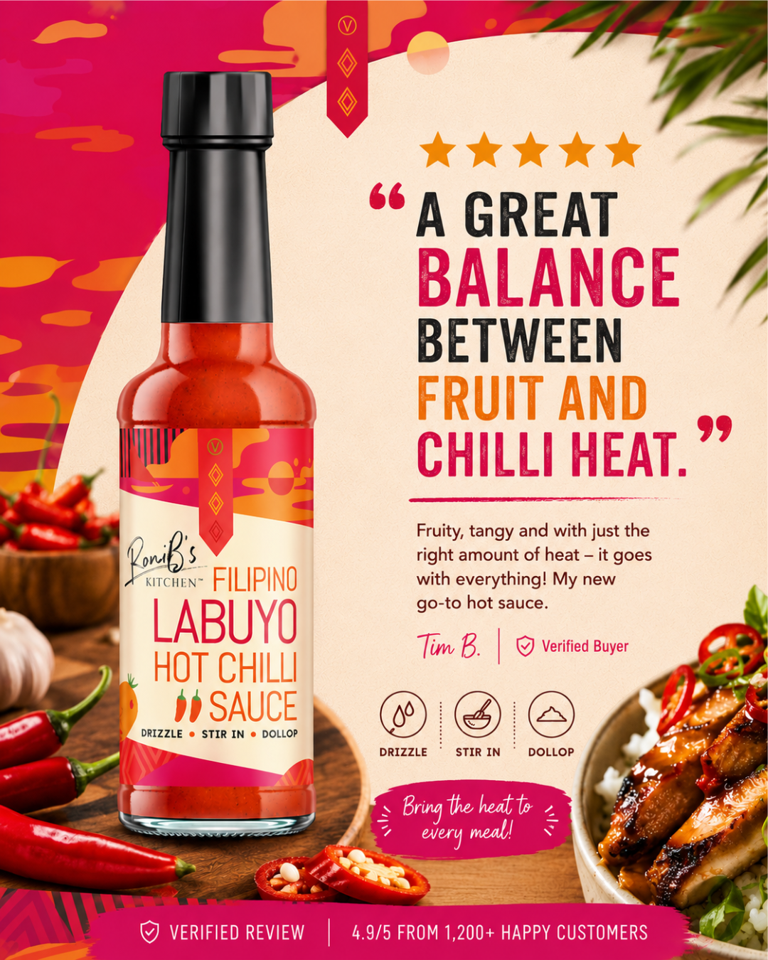RoniBs Kitchen Filipino Labuyo Hot Chili Sauce in a glass bottle, showcasing vibrant red chili peppers for spicy flavor.