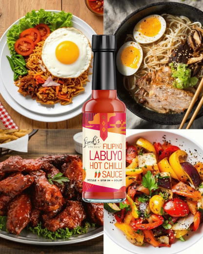 Filipino Labuyo hot chili sauce by RoniBs Kitchen served alongside four dishes, highlighting its vibrant red color and spicy flavor.
