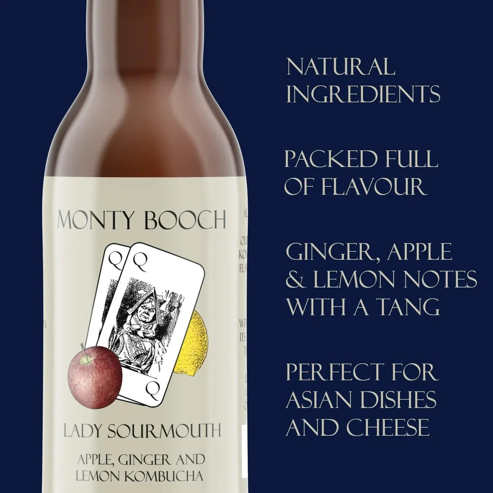 Lady Sourmouth Kombucha by Monty Booch featuring apple, ginger, and lemon flavors in a 330ml bottle, raw and unfiltered.