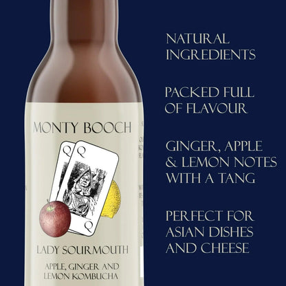 Lady Sourmouth Kombucha by Monty Booch featuring apple, ginger, and lemon flavors in a 330ml bottle, raw and unfiltered.