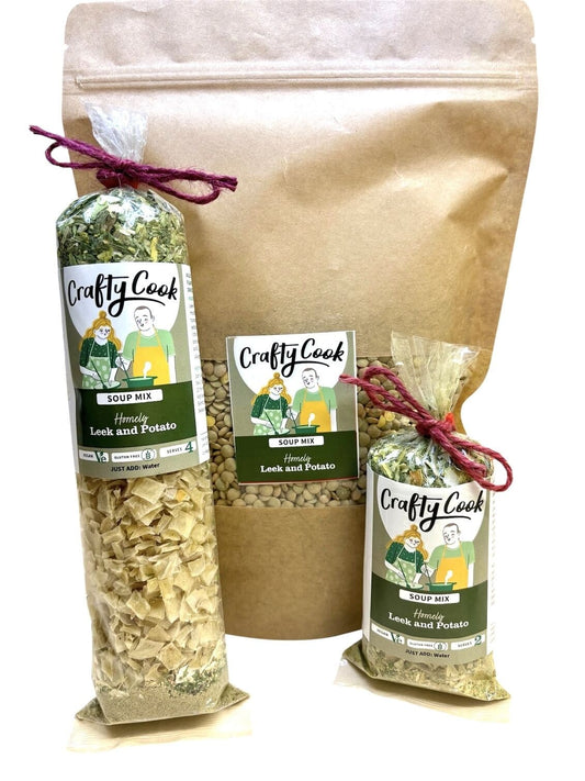 Crafty Cook leek and potato soup mix in a bowl, showcasing fresh ingredients and vibrant colors, suitable for gluten-free and vegan diets.
