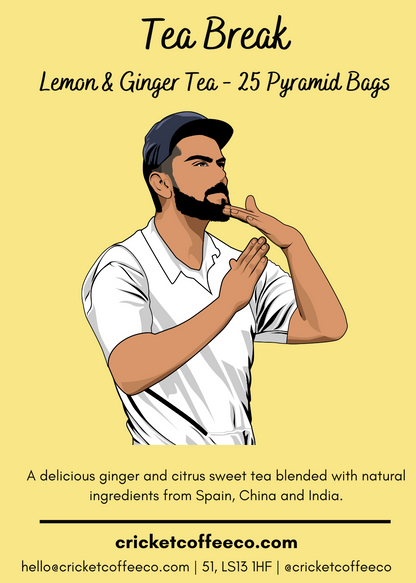Lemon ginger tea from Clubhouse Roastery's Tea Break collection, featuring a colorful label and fresh lemon and ginger ingredients.