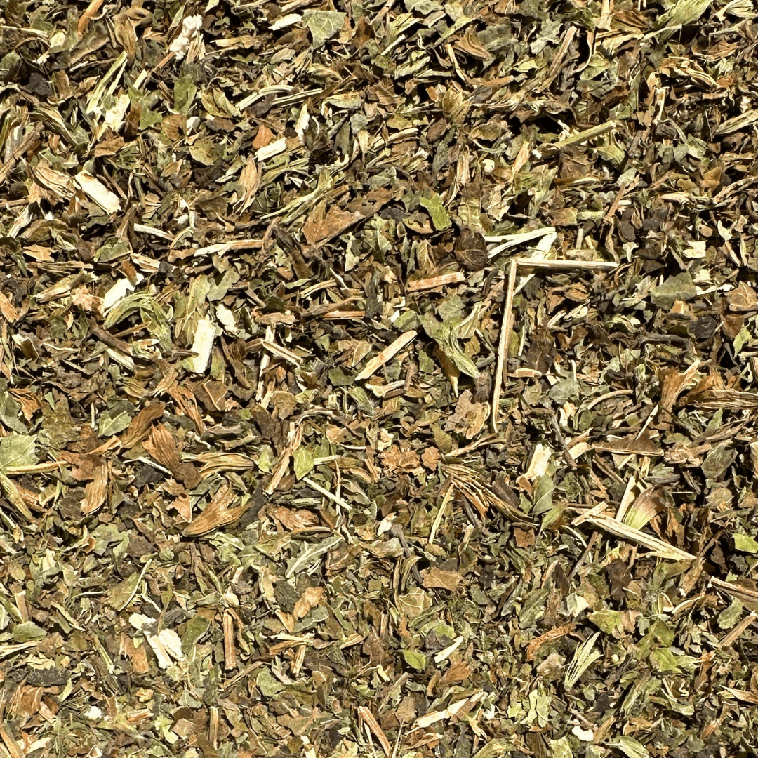 Loose leaf organic lemon balm herbal tea from Porter Hill Tea Company, showcasing fresh green lemon balm leaves.