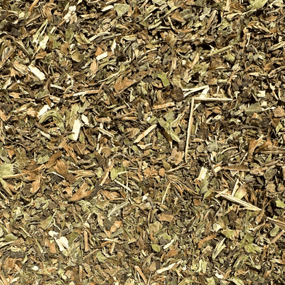 Loose leaf organic lemon balm herbal tea from Porter Hill Tea Company, showcasing fresh green lemon balm leaves.