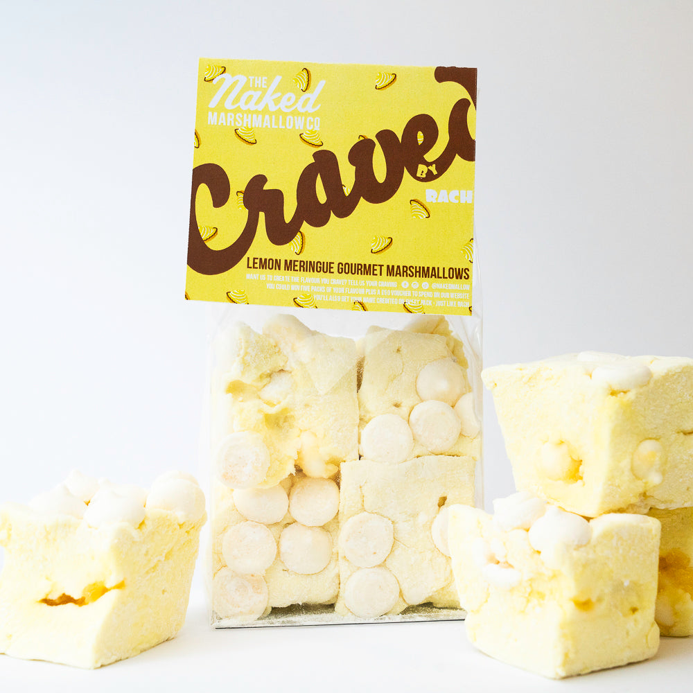 All four Craved Edition gourmet marshmallows by THE MARSHMALLOW FACTORY, featuring lemon and meringue flavors in colorful, soft treats.