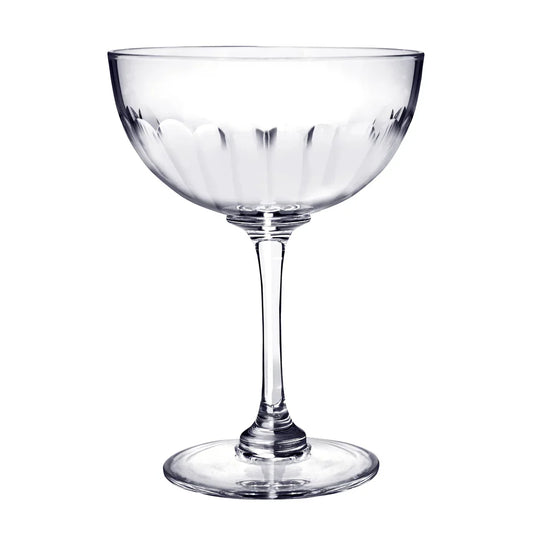Large crystal champagne saucers with lens design by The Vintage List, featuring square-shaped bowls and elegant crystal craftsmanship.