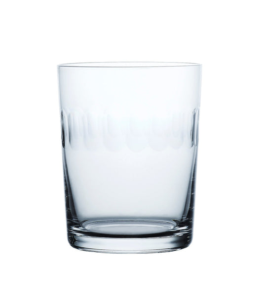 Set of four large crystal tumblers with lens design by The Vintage List, showcasing clear glass and intricate lens pattern.