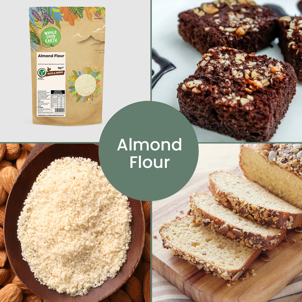 Whole Food Earth almond flour in a bowl on a wooden table, surrounded by almonds and baking ingredients, showcasing a healthy baking setup.