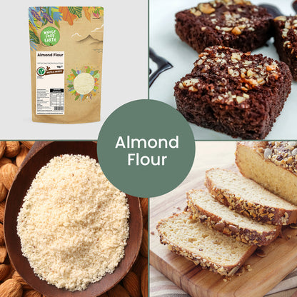 Whole Food Earth almond flour in a bowl on a wooden table, surrounded by almonds and baking ingredients, showcasing a healthy baking setup.