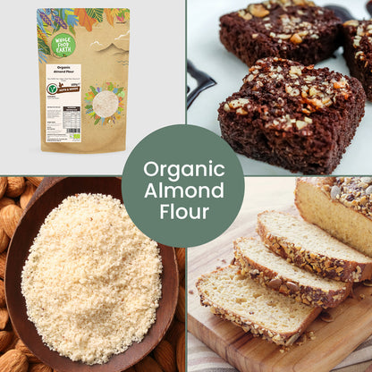 Whole Food Earth organic almond flour in a bowl with almonds and baking ingredients on a kitchen countertop.