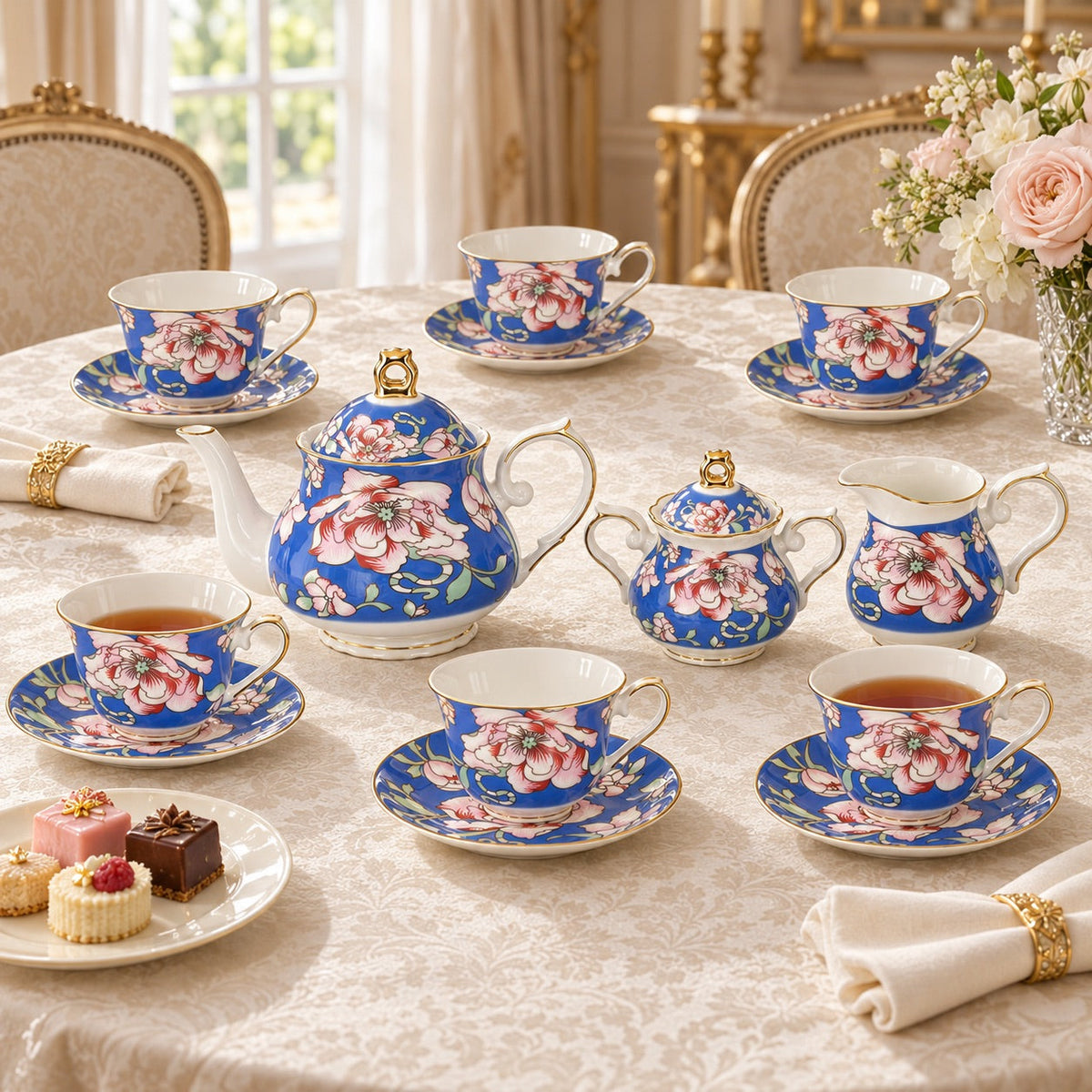 Rosewood Garden tea set for 6 by KitchBoom, 15-piece coffee and tea service arranged on a table in a cozy outdoor setting.