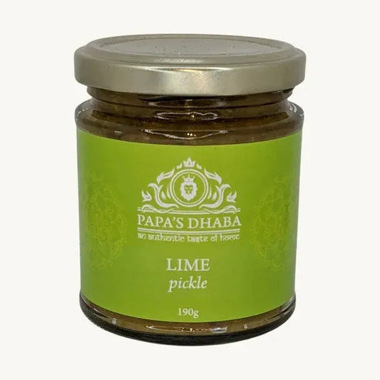 Friars Farm Lime Pickle 200g jar, tangy and spicy pickle relish with chopped lime pieces in a clear glass jar.