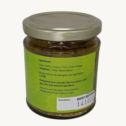 Close-up of a 200g jar of Friars Farm Lime Pickle relish with vibrant lime pieces and spices in a clear jar.