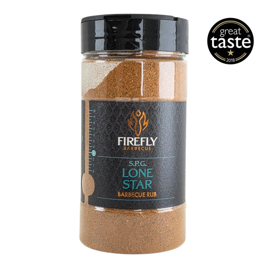 FireFly Barbecue Lone Star BBQ Beef Rub jar with label, highlighting its award-winning seasoning for grilling and smoking.