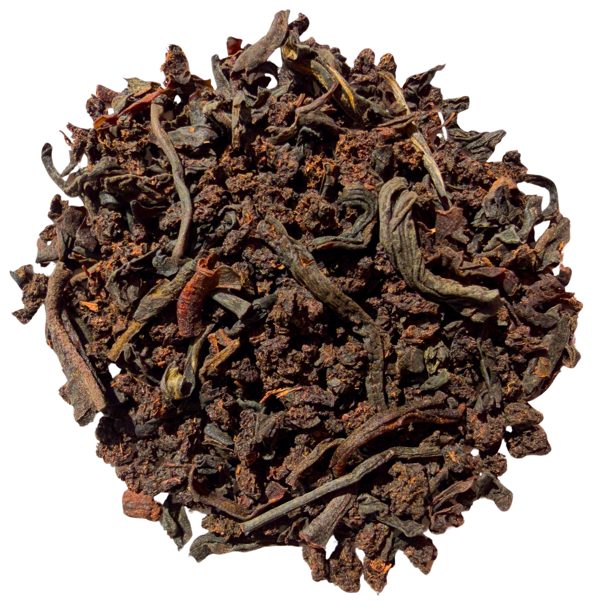 Loose leaf English Breakfast black tea by Porter Hill Tea Company in a clear, resealable bag with tea leaves ready for brewing.