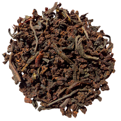 Loose leaf English Breakfast black tea by Porter Hill Tea Company in a clear, resealable bag with tea leaves ready for brewing.
