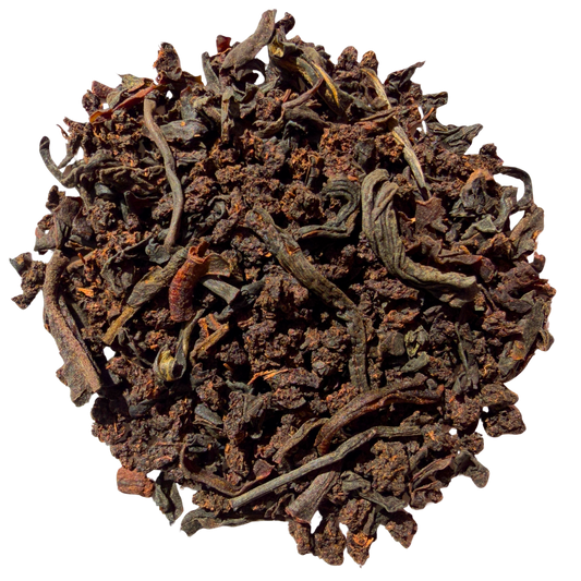Loose leaf English Breakfast black tea by Porter Hill Tea Company in a clear, resealable bag with tea leaves ready for brewing.