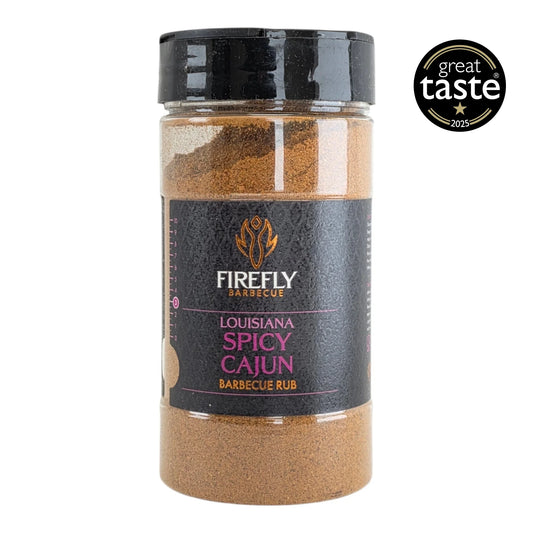 FireFly Barbecue Louisiana Spicy Cajun BBQ Rub in a jar with a label, showcasing its bold, spicy seasoning for grilling.
