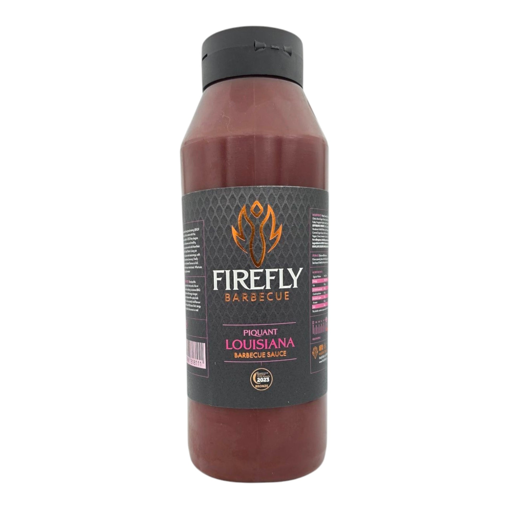 Bottle of FireFly Barbecue Louisiana BBQ Sauce with a label featuring red and yellow accents, 1-liter size.
