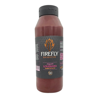 Bottle of FireFly Barbecue Louisiana BBQ Sauce with a label featuring red and yellow accents, 1-liter size.