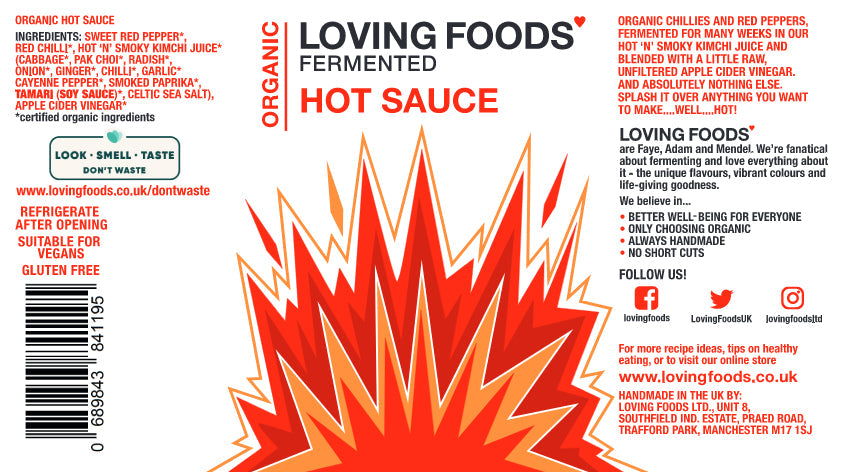 Organic hot sauce bottle from Loving Foods with a colorful label, showcasing the vibrant packaging of their hot sauce product.