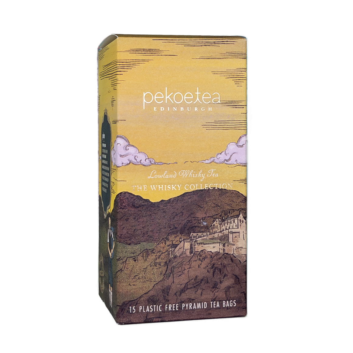 Box of PekoeTea Edinburgh Whisky Tea Lowland Blend tea bags featuring a colorful packaging design.