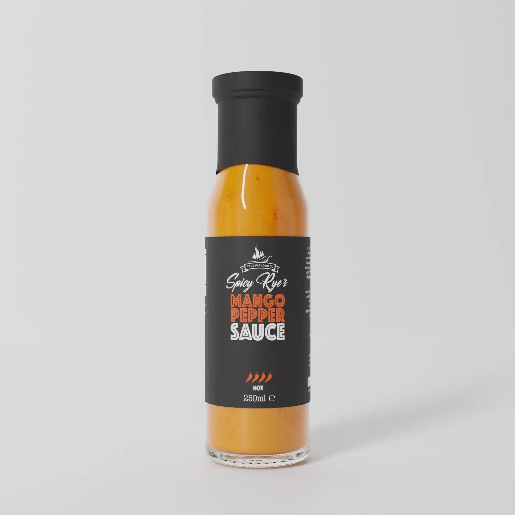 Spicy Ryes Mango Pepper Hot Sauce bottle with vibrant label, showcasing fresh mango and chili peppers on a wooden surface.