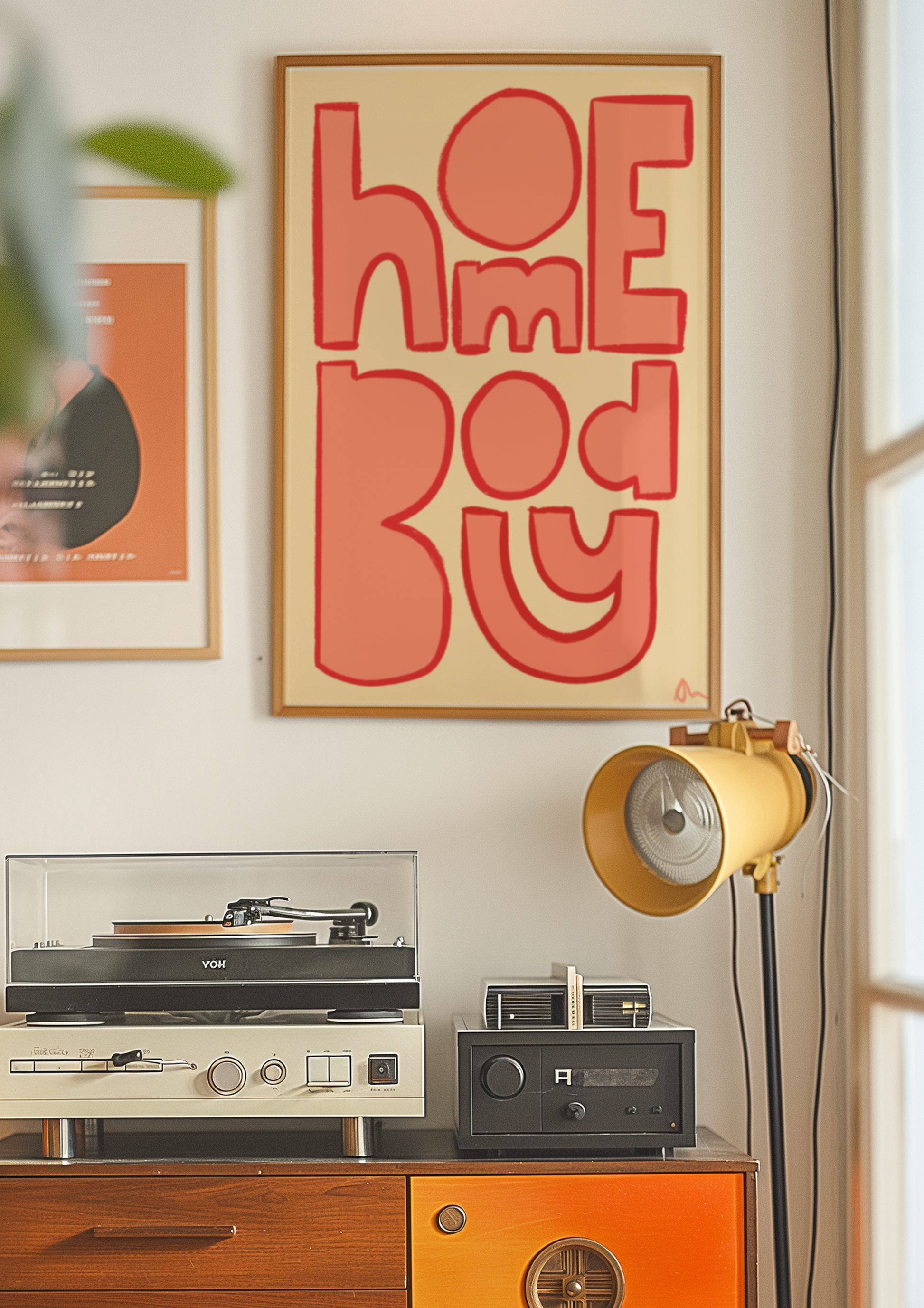 Orange typographic wall art print featuring the phrase "Homebody" for living room decor, by Peak Prints.