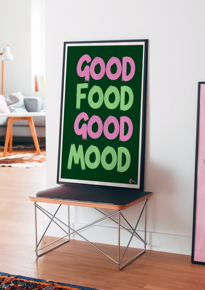 Pink and green bold maximalist typographic kitchen print with "Good Food Good Mood" slogan, designed for modern kitchen decor.