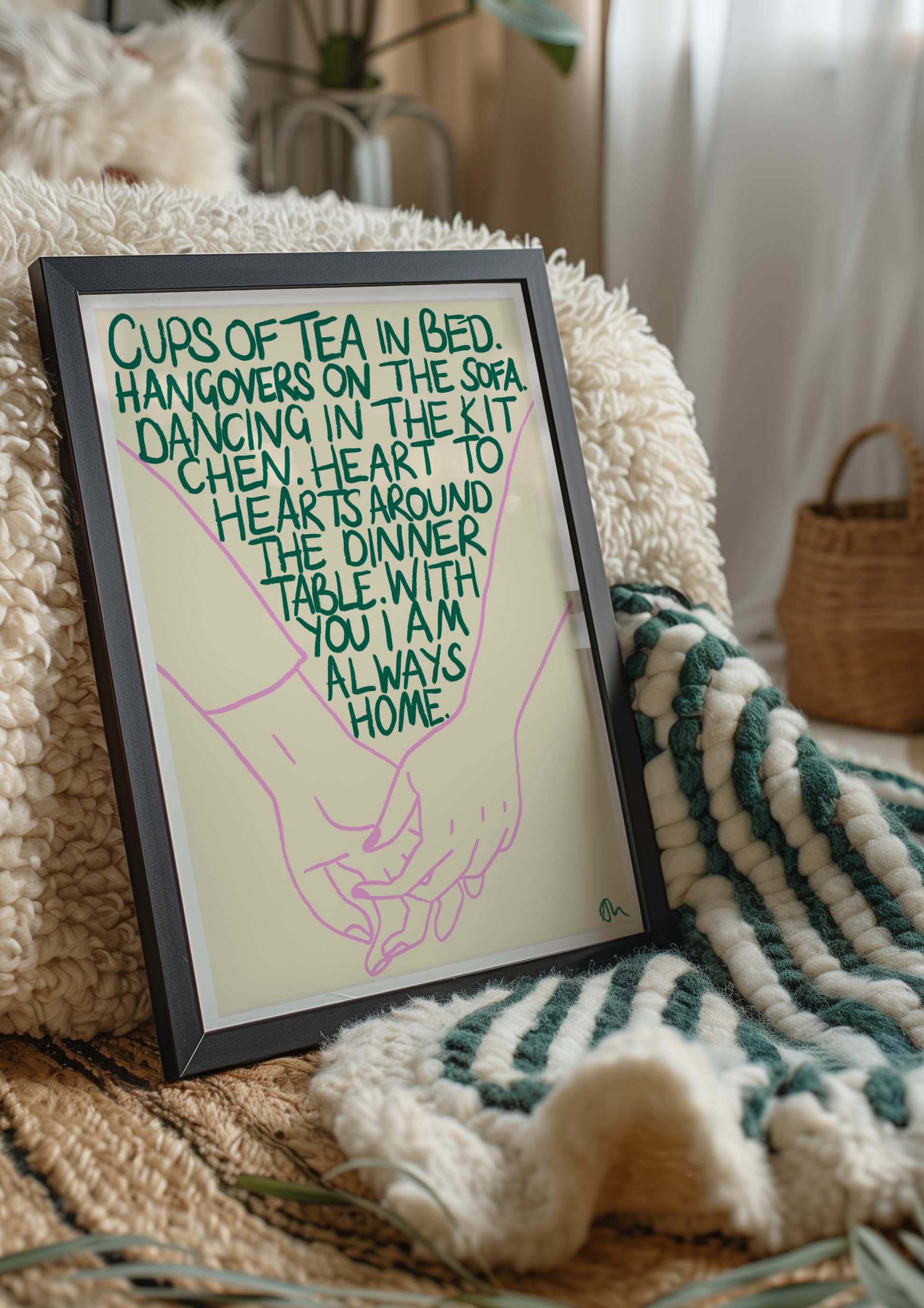 Hand-drawn print of green and lilac cups of tea in bed, featuring bold food and drink artwork by Peak Prints.