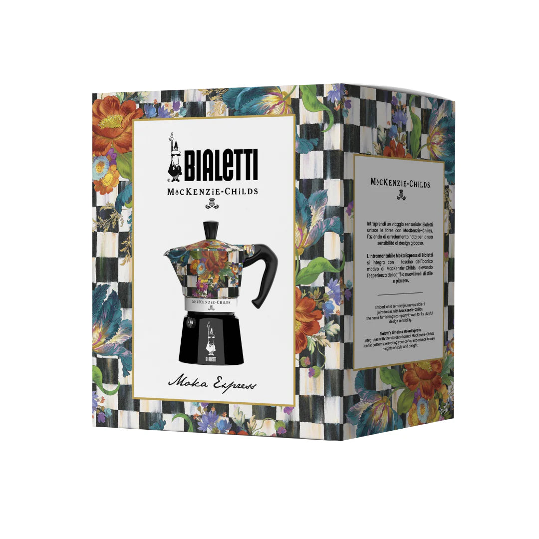 Bialetti X Mackenzie Childs Moka Express coffee maker in packaging, Brew Italia hardware, stylish design with colorful pattern.