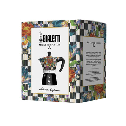 Bialetti X Mackenzie Childs Moka Express coffee maker in packaging, Brew Italia hardware, stylish design with colorful pattern.