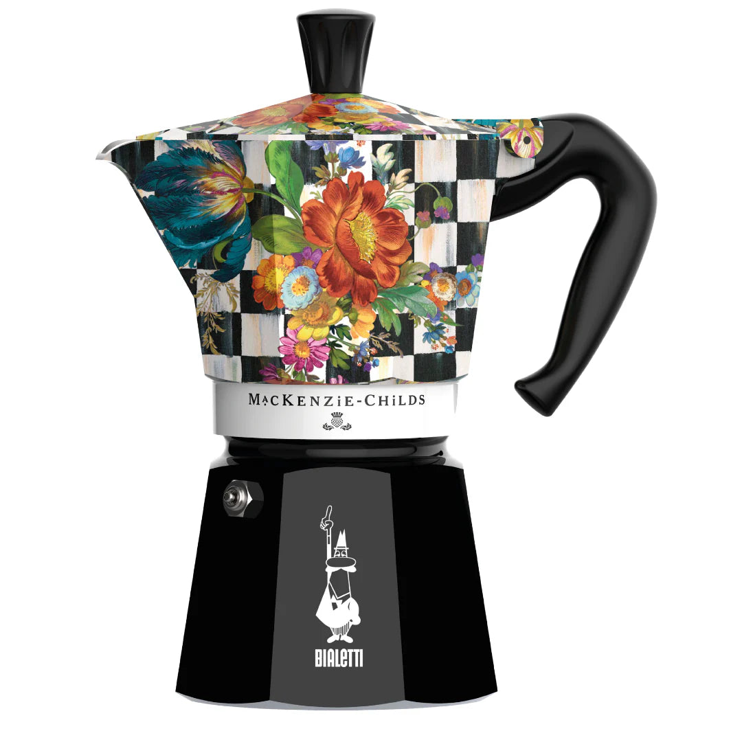 Bialetti Moka Express coffee maker with Mackenzie Childs design, Brew Italia hardware, featuring a patterned exterior and classic shape.