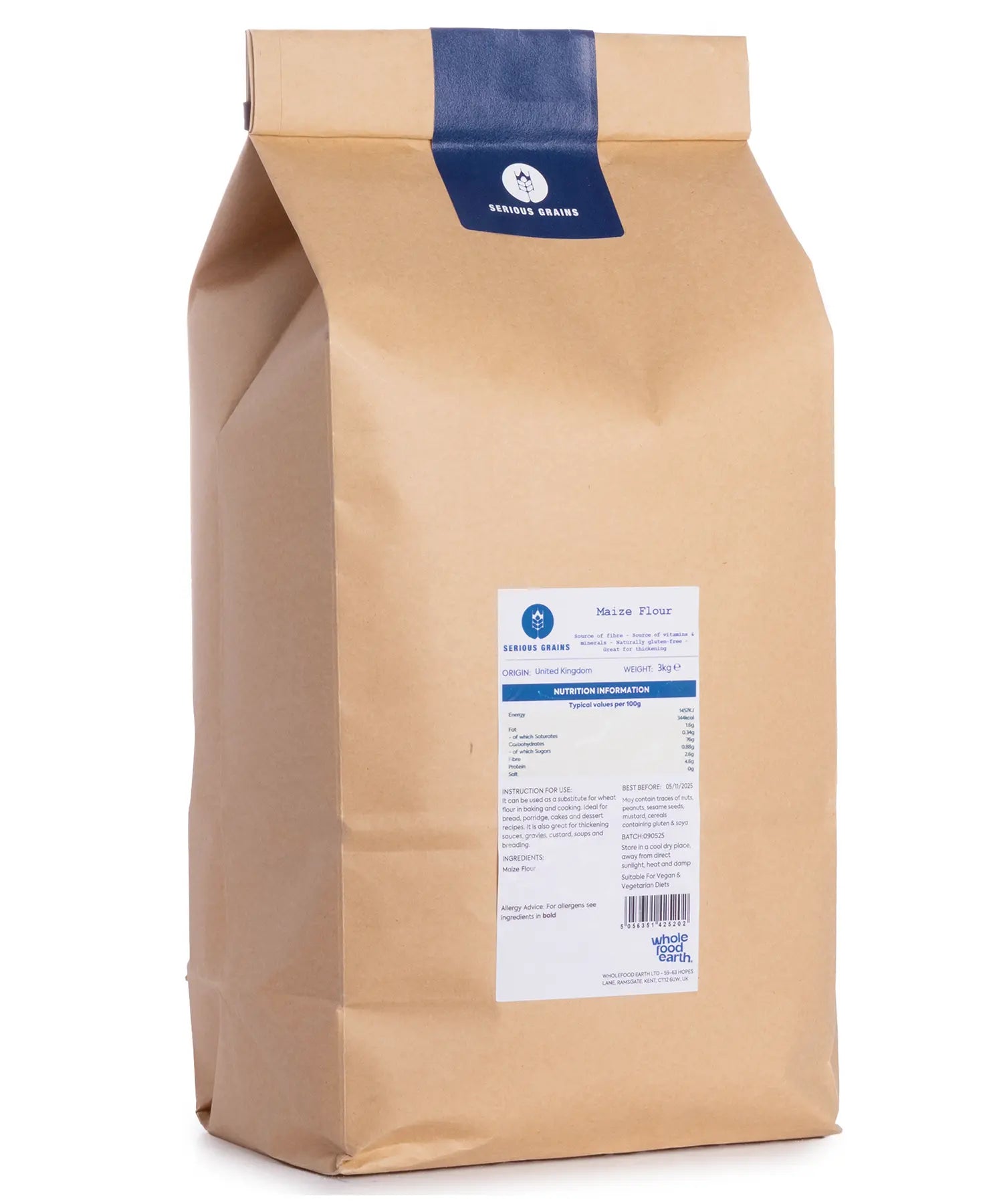 Whole Food Earth maize flour in a 3kg package, displaying golden yellow maize flour for baking and cooking uses.