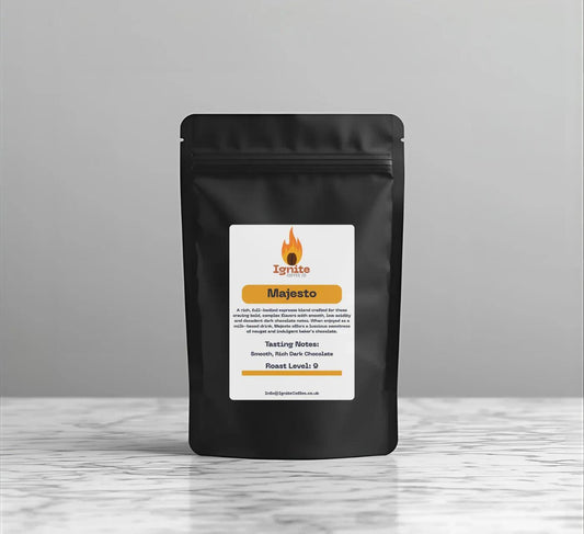 Bag of Ignite Coffee Co Majesto Blend espresso coffee featuring bold, full-bodied dark chocolate and nougat flavors.