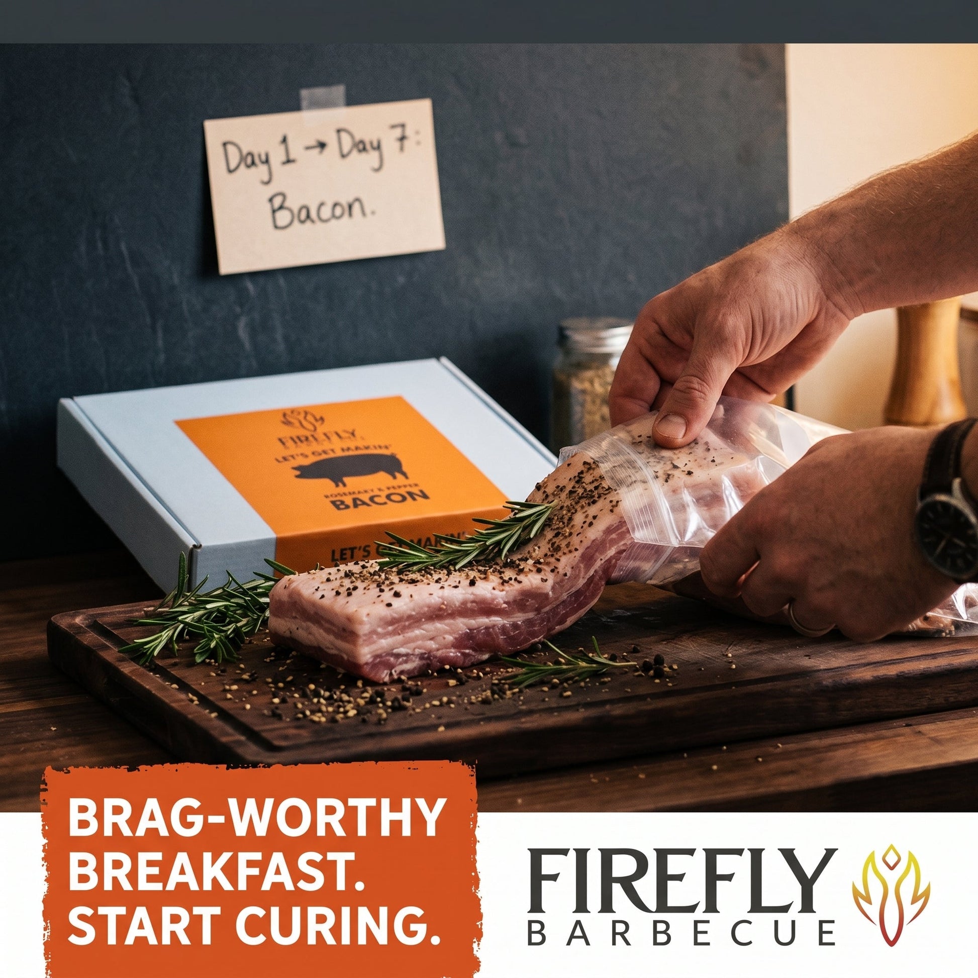 FireFly Barbecue Bacon Curing Kit with rosemary and black pepper for making artisan bacon at home.