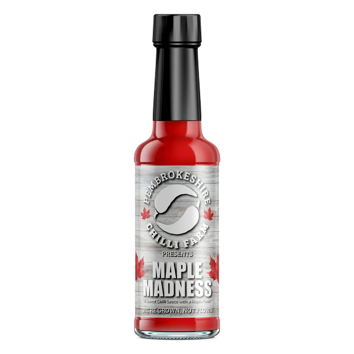 Maple Madness chili sauce bottle from Pembrokeshire Chilli Farm, featuring a vibrant label and glossy packaging.