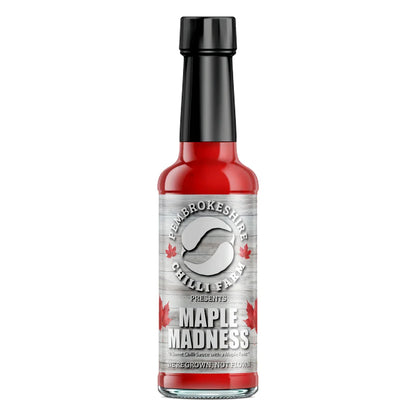 Maple Madness chili sauce bottle from Pembrokeshire Chilli Farm, featuring a vibrant label and glossy packaging.