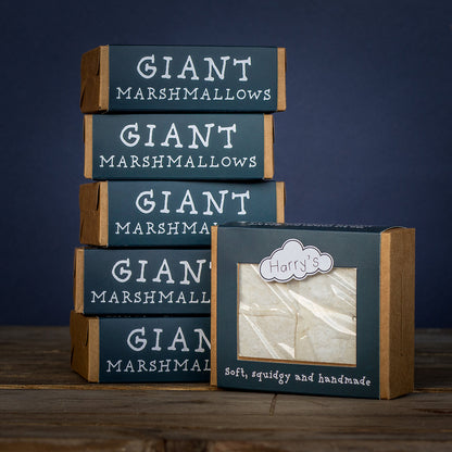 Square Harry's Giant Marshmallows from Harry's Hot Chocolate, showcasing fluffy, white marshmallows perfect for hot chocolate.