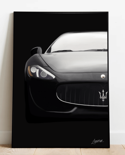 Black Maserati art print by KEOLIX featuring a sleek Maserati vehicle illustration on high-quality paper.