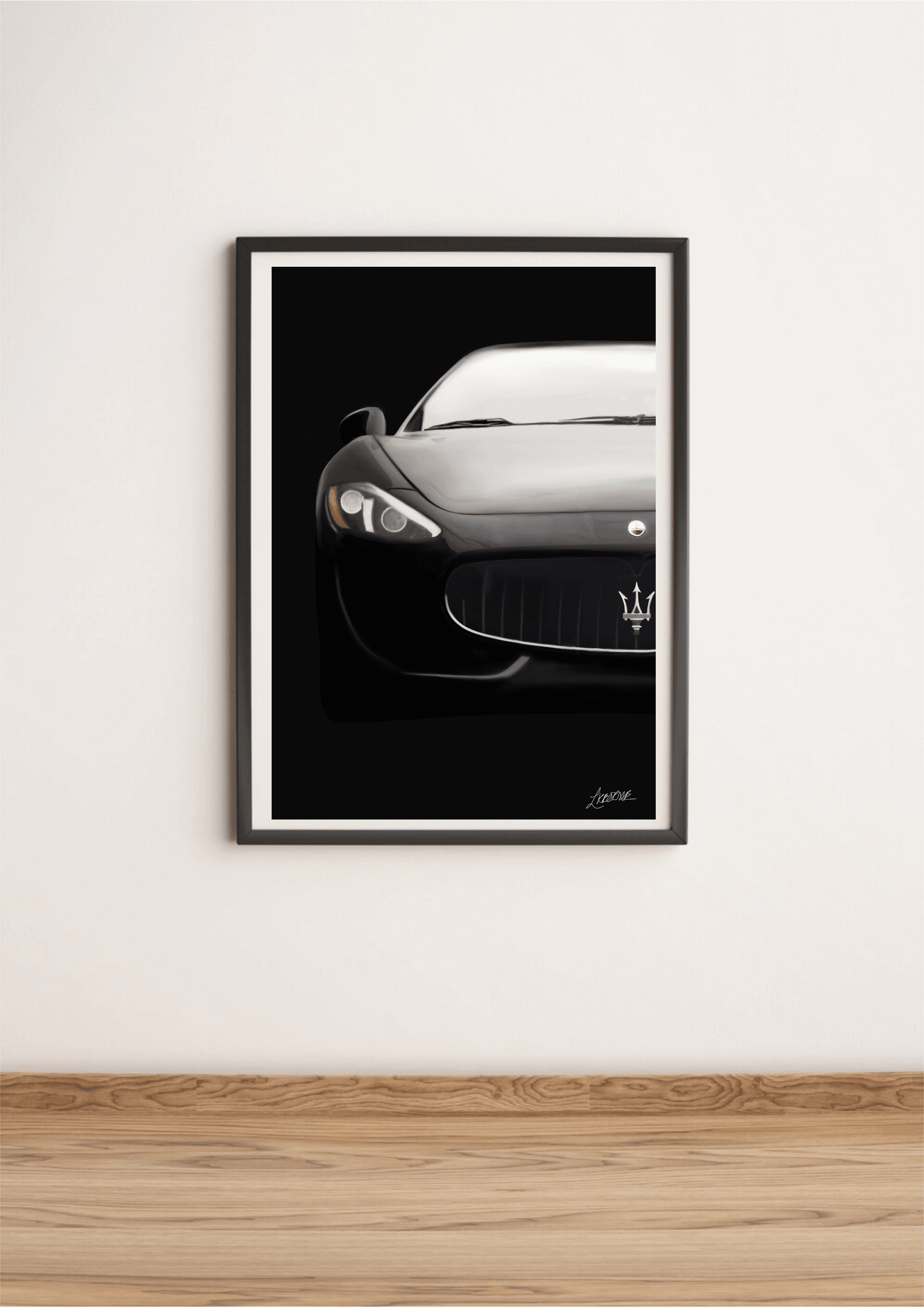 Maserati art print by KEOLIX featuring a sleek black Maserati car illustration on high-quality print paper.
